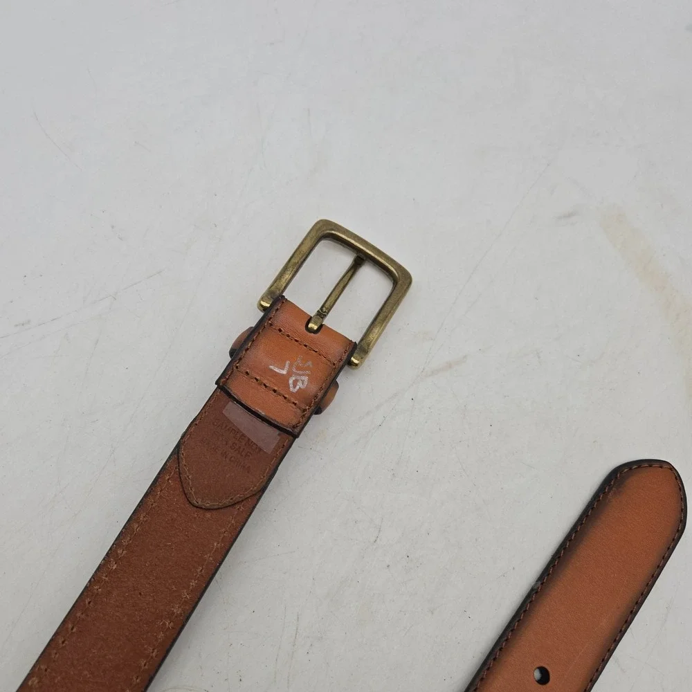 Structure Belt Brown Leather Striped Fabric Mens 36 Brass Buckle NWOT